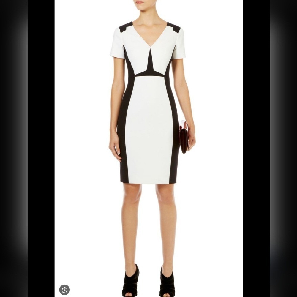 Karen Millen Women 8 Colorblock Formal Cocktail Gala Art Pencil Cap Sleeve Dress